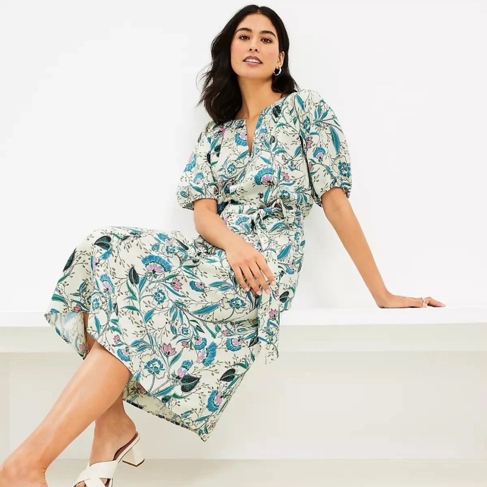 NWT LOFT Petite Large Linen Midi Dress V Neck Belted